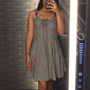 plaid dress with red embroidered flowers